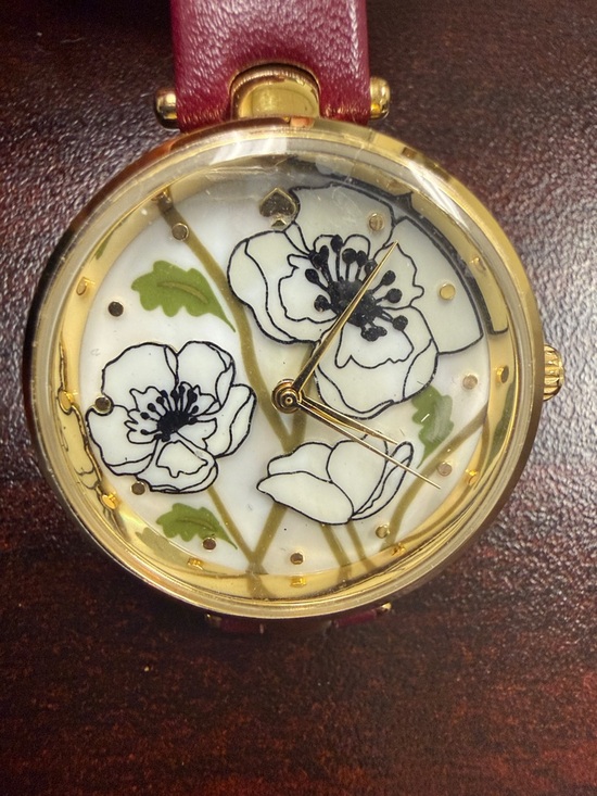 kate spade Accessories - Floral Dial Gold-Tone Watch with Burgundy Strap